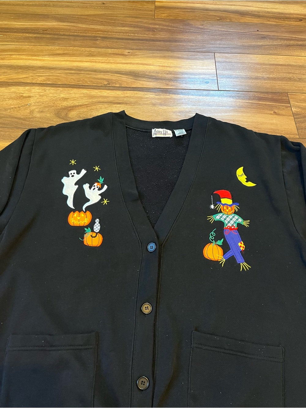 Embroidered Halloween cardigan sweater w/ pockets vintage cottagecore ghosts XL - Picture 3 of 5